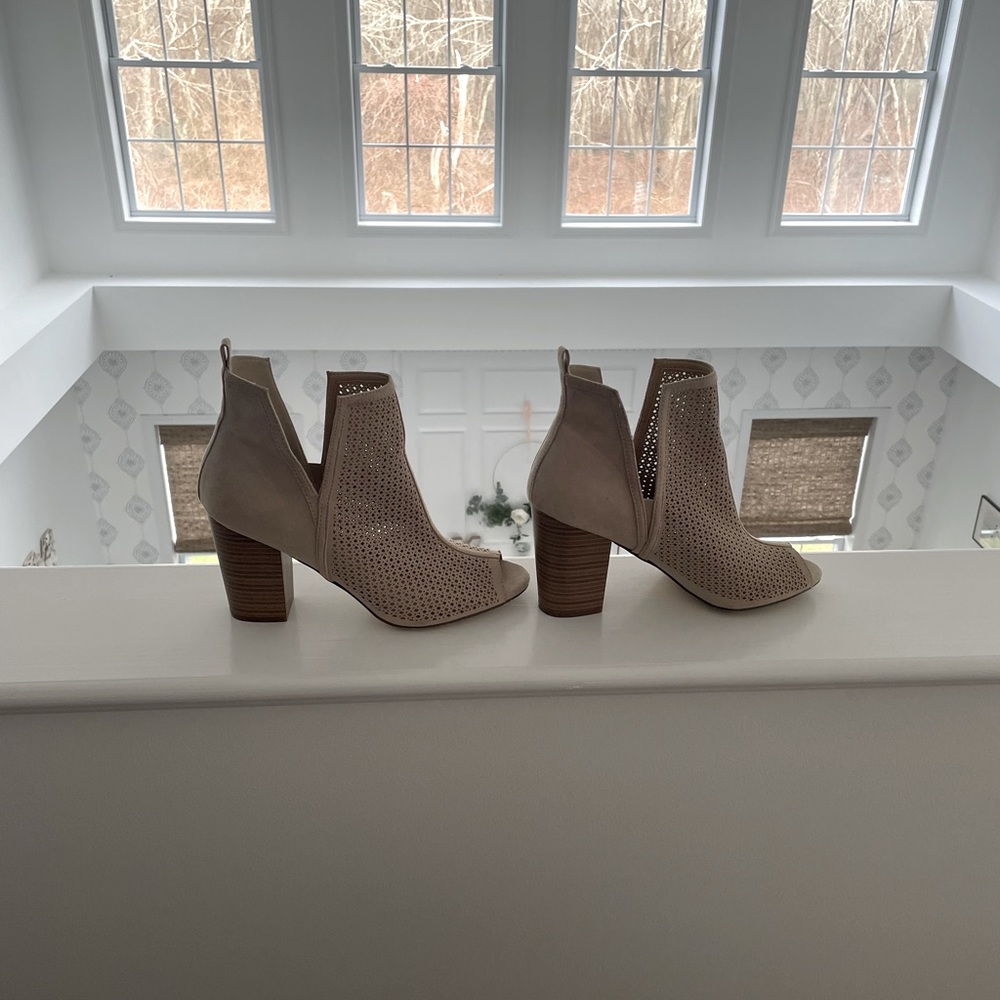 Tan Perforated Peep Toe Heels